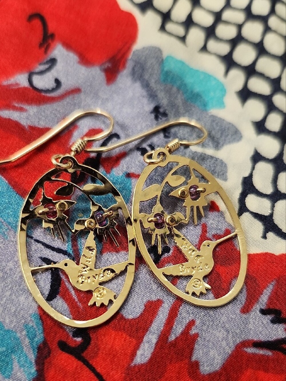 Wild Bryde Vintage 14k Gold Plated Hummingbird Filigree Dangle Earrings - Picture 2 of 4